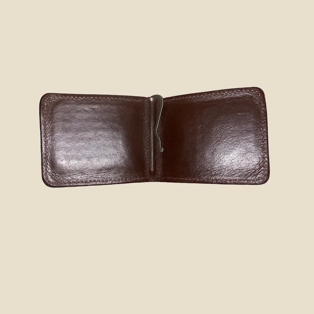 Texas Saddlery Mens Brown Tooled Leather Money Clip Wallet Basketweave Bifold